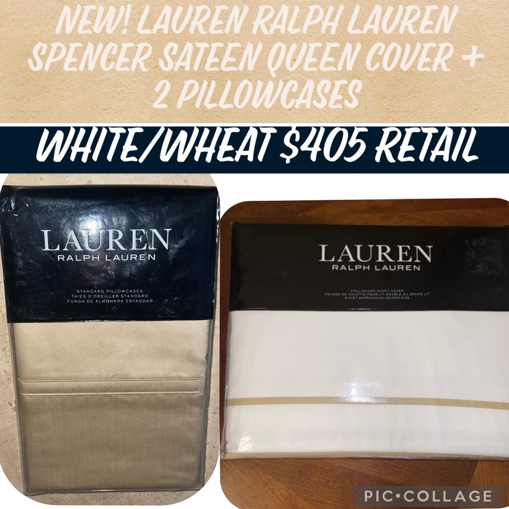 New! Lauren RalphLauren Spencer Sateen Queen Duvet+2 Pillowcases White/Wheat🤍